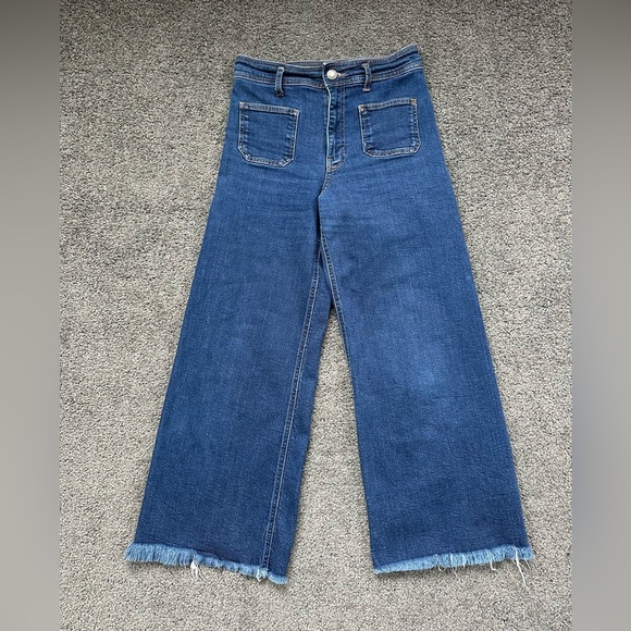 Zara Ultra High Rise Wide Leg Cropped Sailor Style Jeans Medium Wash Size 8 - Picture 1 of 7